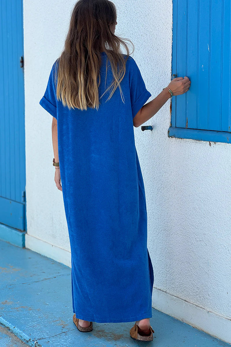 Royal Blue Brushed Terry V-Neck Maxi Dress