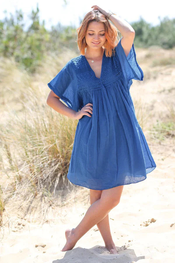Royal blue floaty cotton dress with lace detail