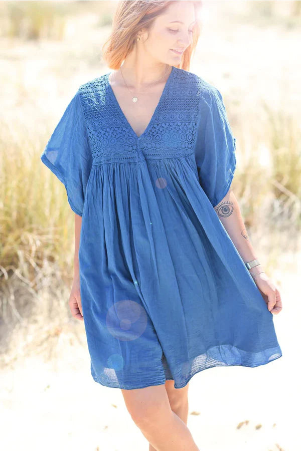 Royal blue floaty cotton dress with lace detail