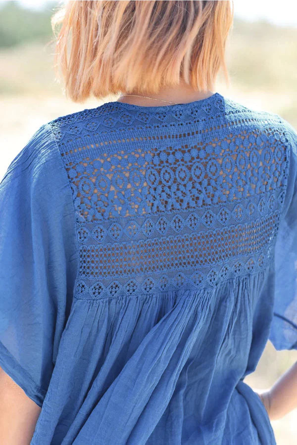 Royal blue floaty cotton dress with lace detail