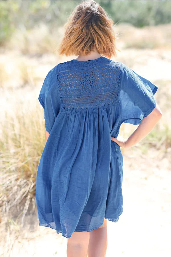 Royal blue floaty cotton dress with lace detail