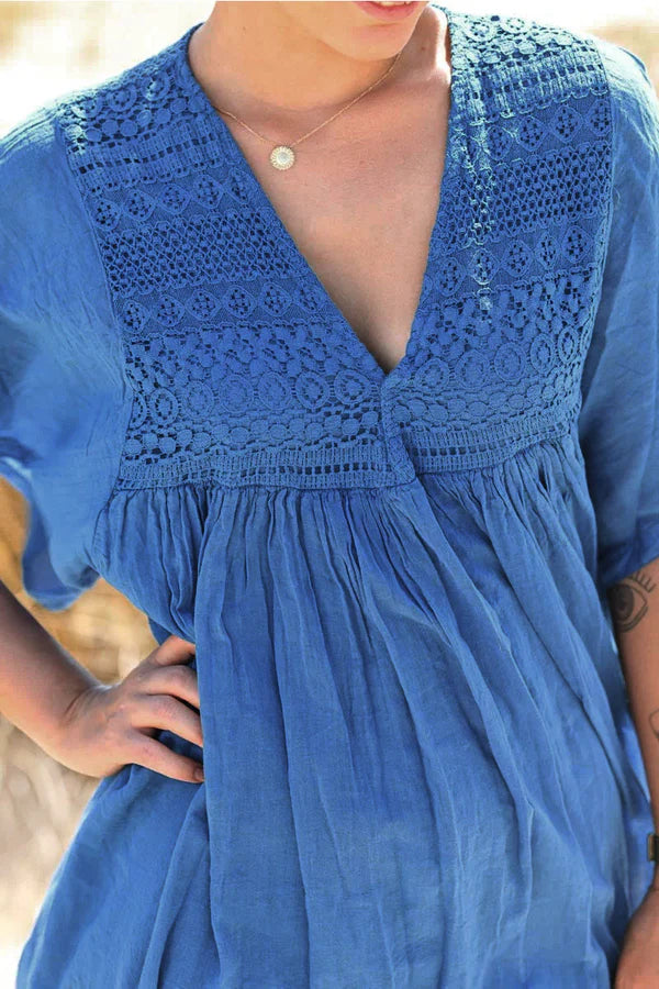 Royal blue floaty cotton dress with lace detail