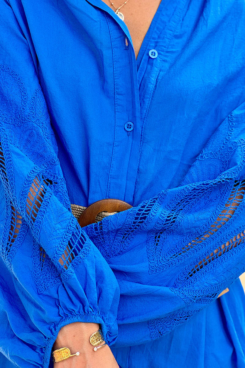 Royal Blue Crochet Sleeve Button-Down Tunic Dress