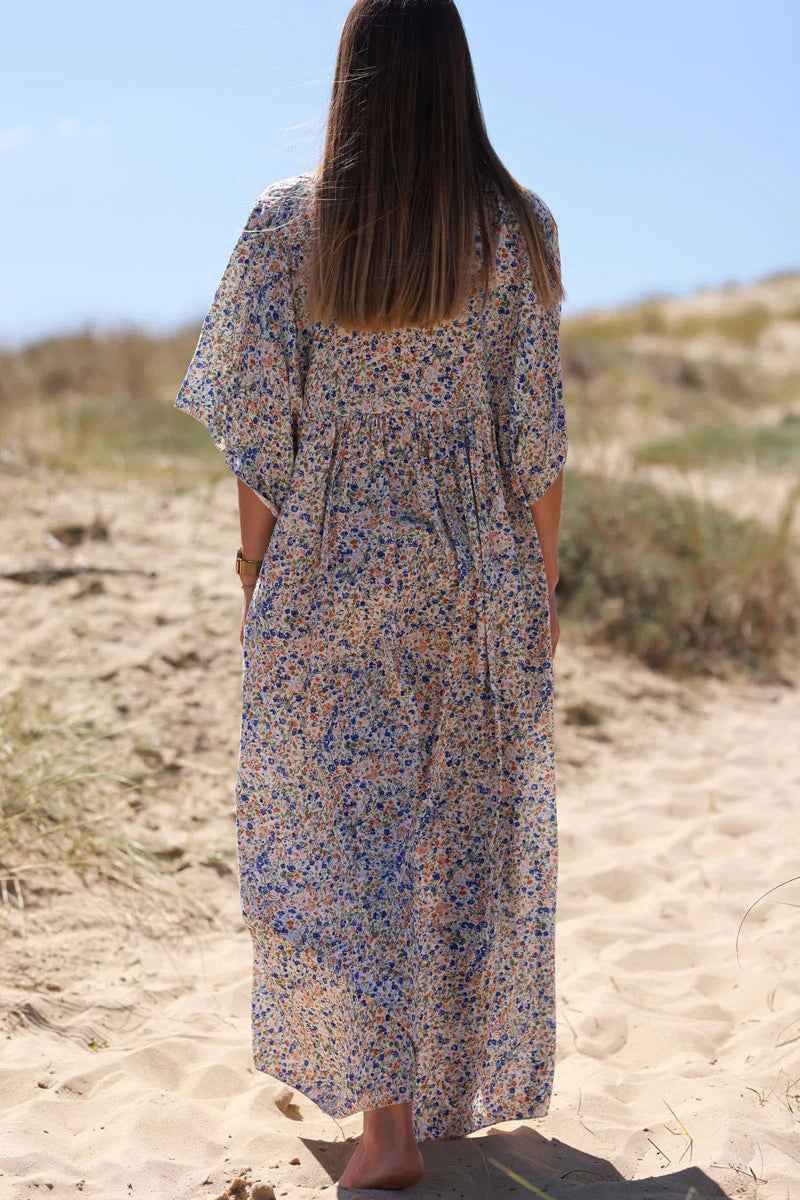 Royal blue Ditsy Floral V-Neck Butterfly Sleeve Maxi Dress