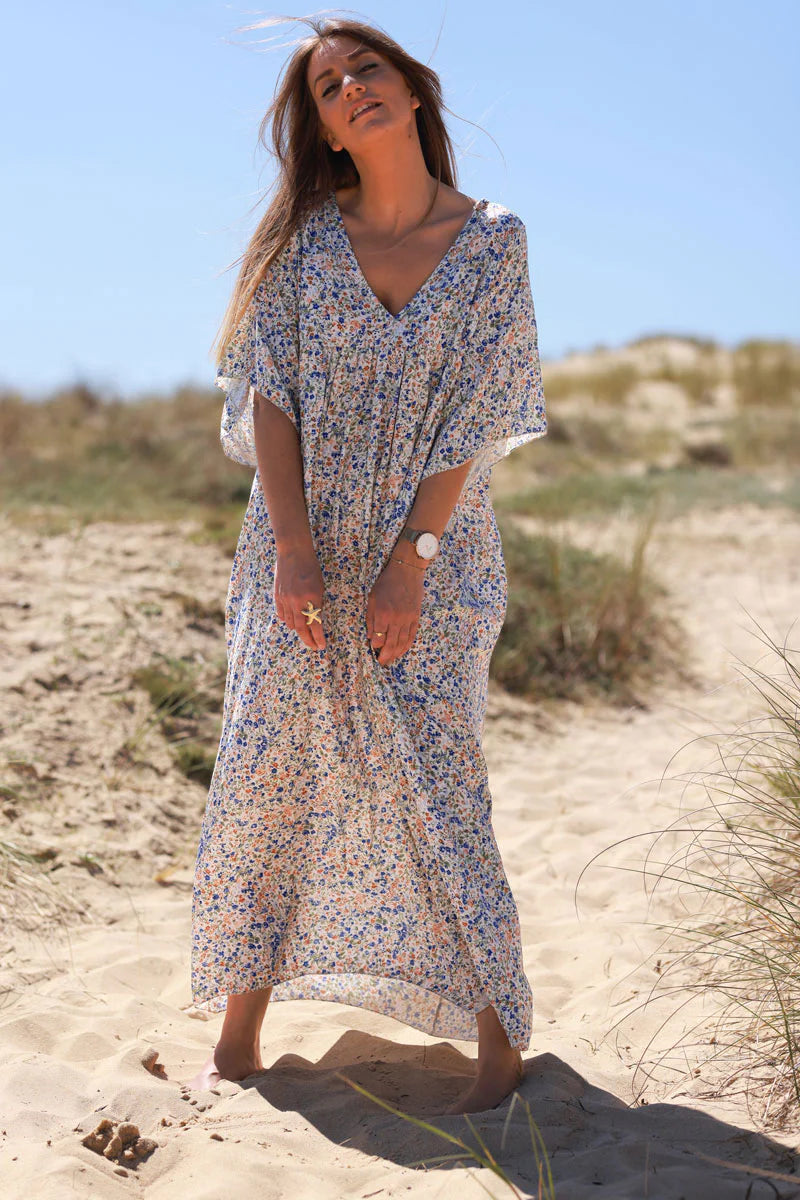 Royal blue Ditsy Floral V-Neck Butterfly Sleeve Maxi Dress