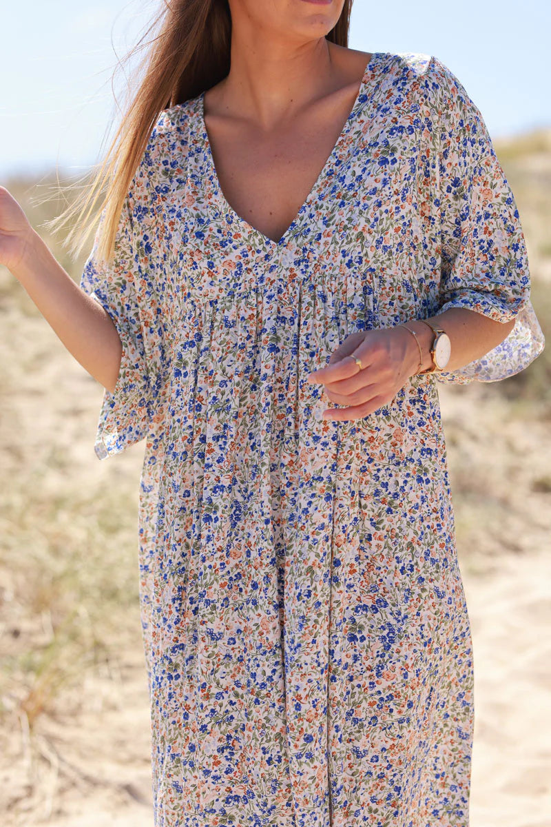 Royal blue Ditsy Floral V-Neck Butterfly Sleeve Maxi Dress