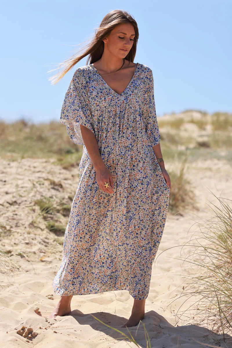Royal blue Ditsy Floral V-Neck Butterfly Sleeve Maxi Dress