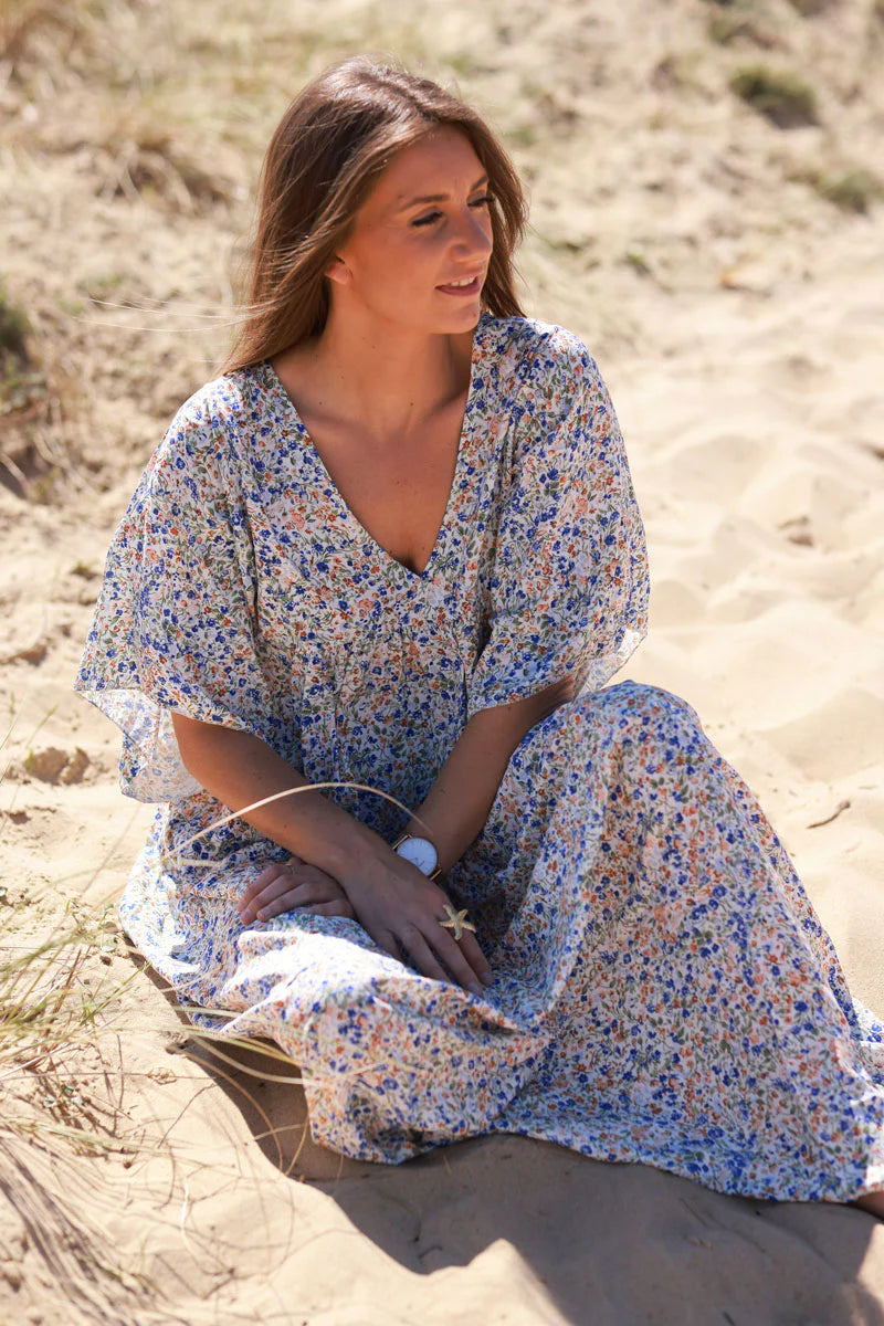 Royal blue Ditsy Floral V-Neck Butterfly Sleeve Maxi Dress