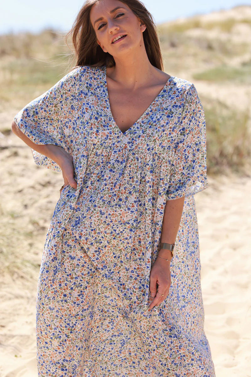Royal blue Ditsy Floral V-Neck Butterfly Sleeve Maxi Dress