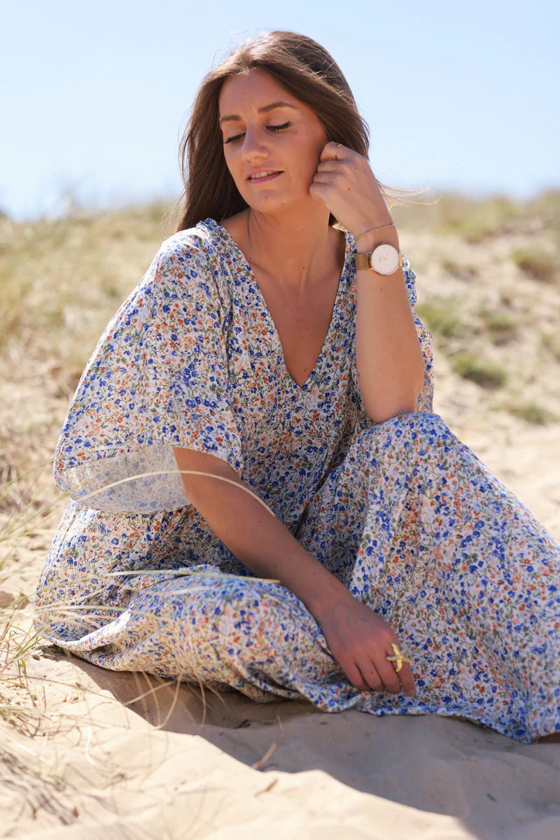 Royal blue Ditsy Floral V-Neck Butterfly Sleeve Maxi Dress