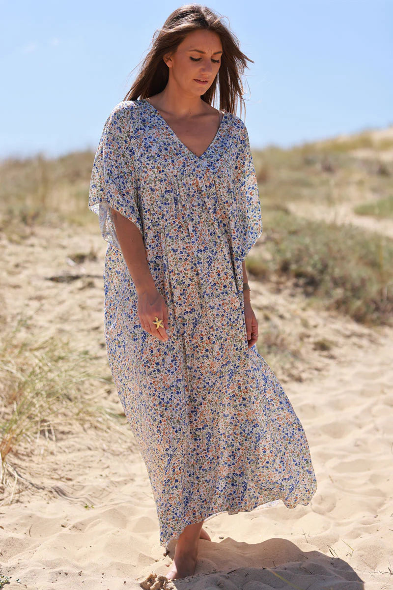 Royal blue Ditsy Floral V-Neck Butterfly Sleeve Maxi Dress