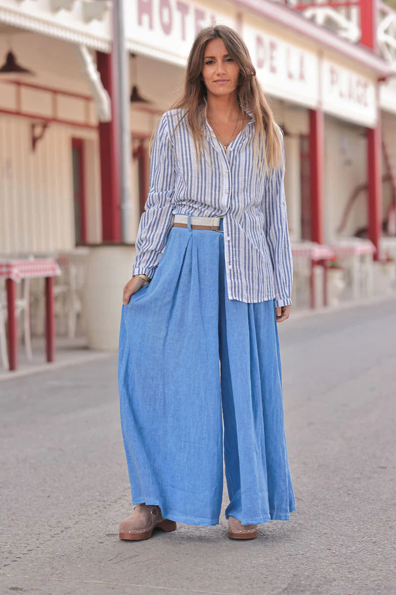 Royal Blue Gauze Belted Ultra Wide-Leg Pants