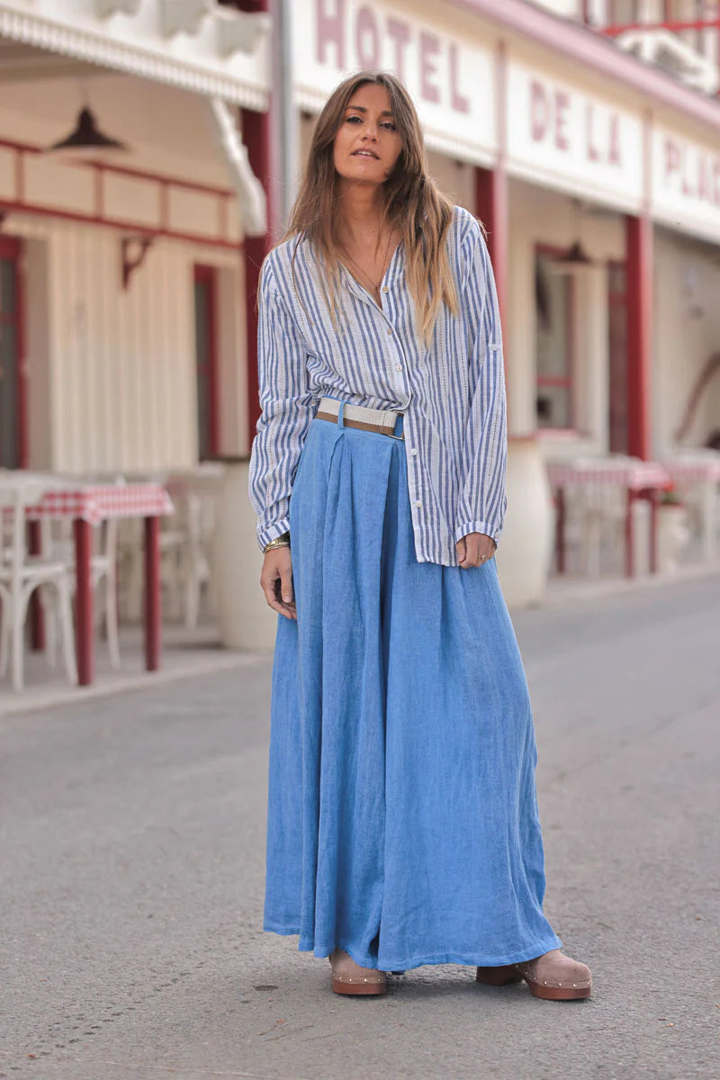Royal Blue Gauze Belted Ultra Wide-Leg Pants