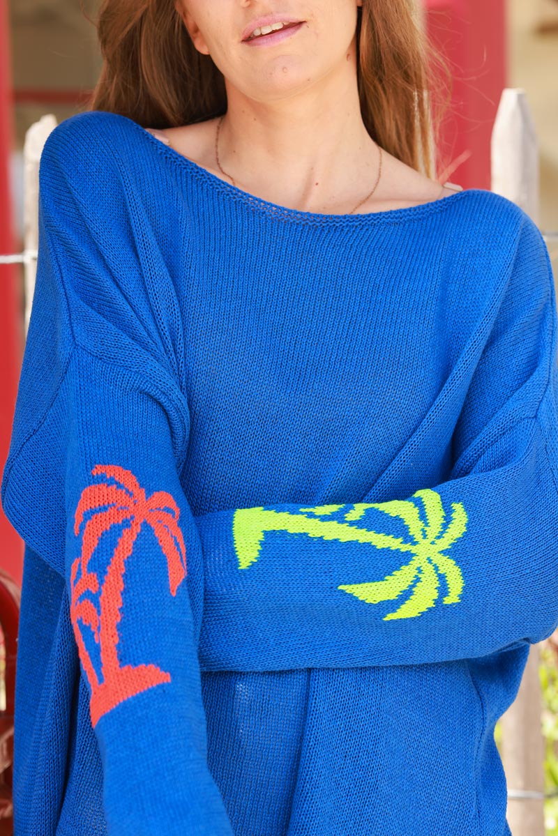 Royal blue Intarsia Knit Palm Sweater