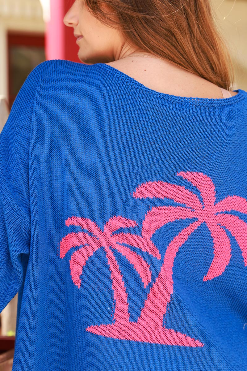 Royal blue Intarsia Knit Palm Sweater