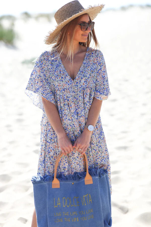 Royal blue liberty print flowing smock dress Jeanne - Horizons Lointains Royal blue liberty print flowing smock dress Jeanne - Horizons Lointains