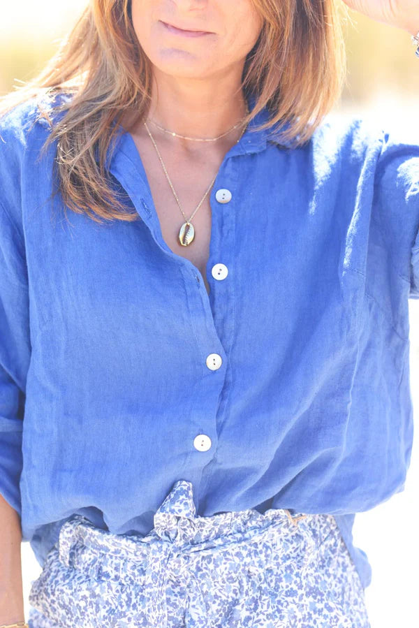 Royal Blue Linen Button-Down Shirt with mother of pearl buttons