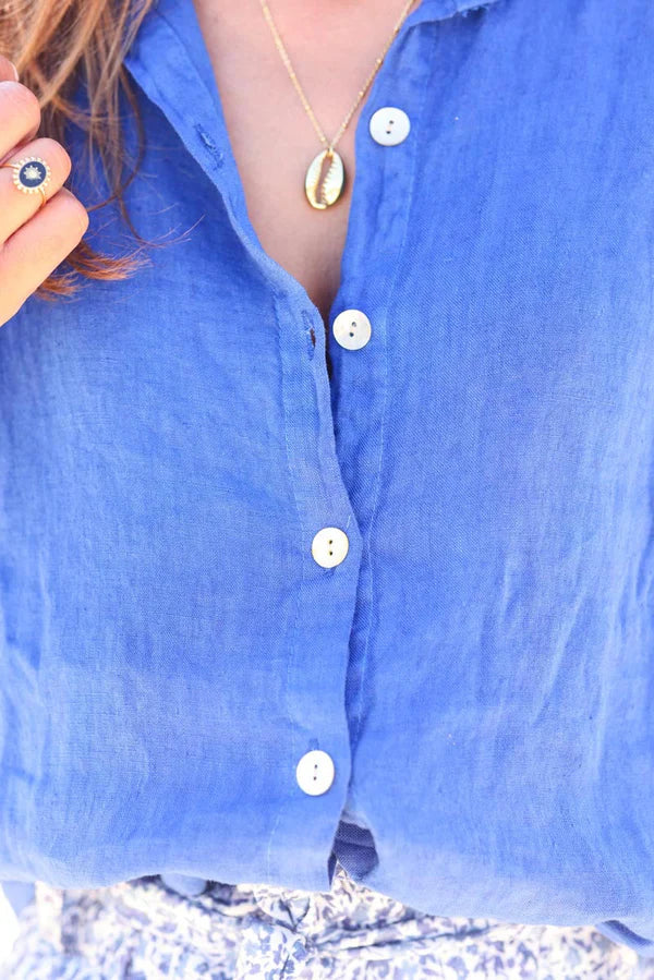 Royal Blue Linen Button-Down Shirt with mother of pearl buttons