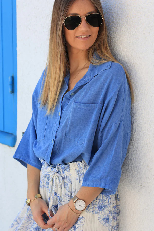 Royal blue soft cotton blouse 3/4 sleeves large pockets