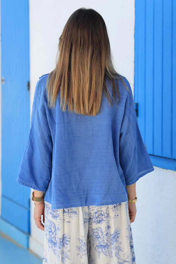 Royal blue soft cotton blouse 3/4 sleeves large pockets