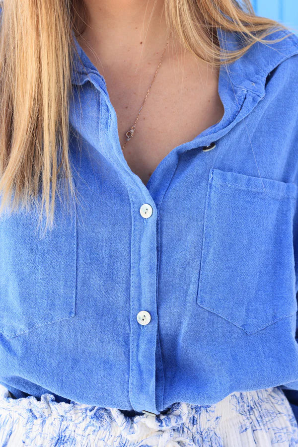 Royal blue soft cotton blouse 3/4 sleeves large pockets