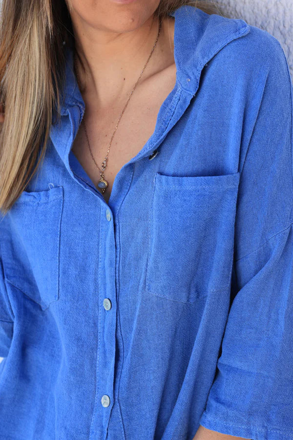 Royal blue soft cotton blouse 3/4 sleeves large pockets