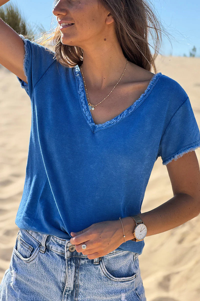 Royal Blue Stretch Cotton Tee with Raw Hems