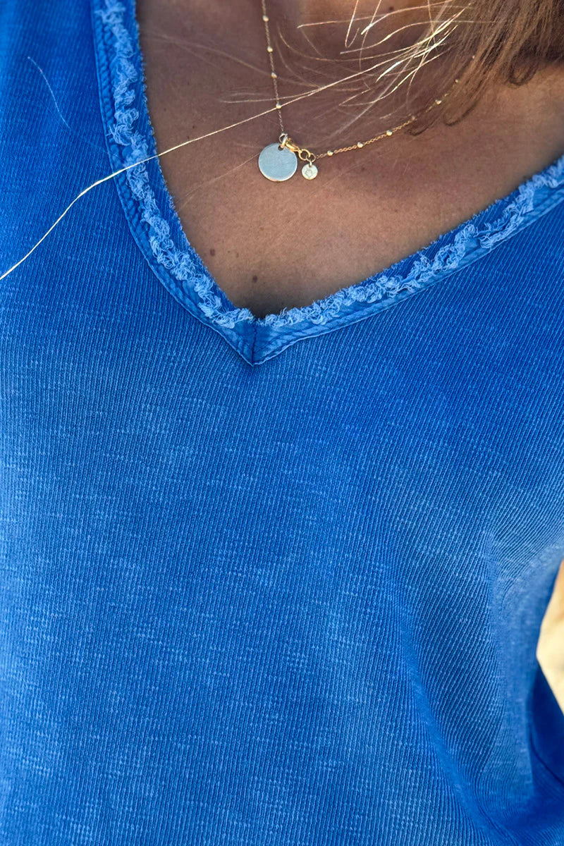 Royal Blue Stretch Cotton Tee with Raw Hems