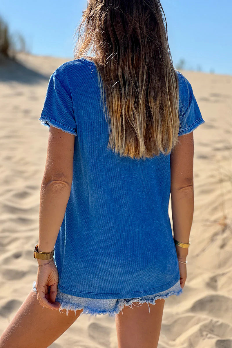 Royal Blue Stretch Cotton Tee with Raw Hems