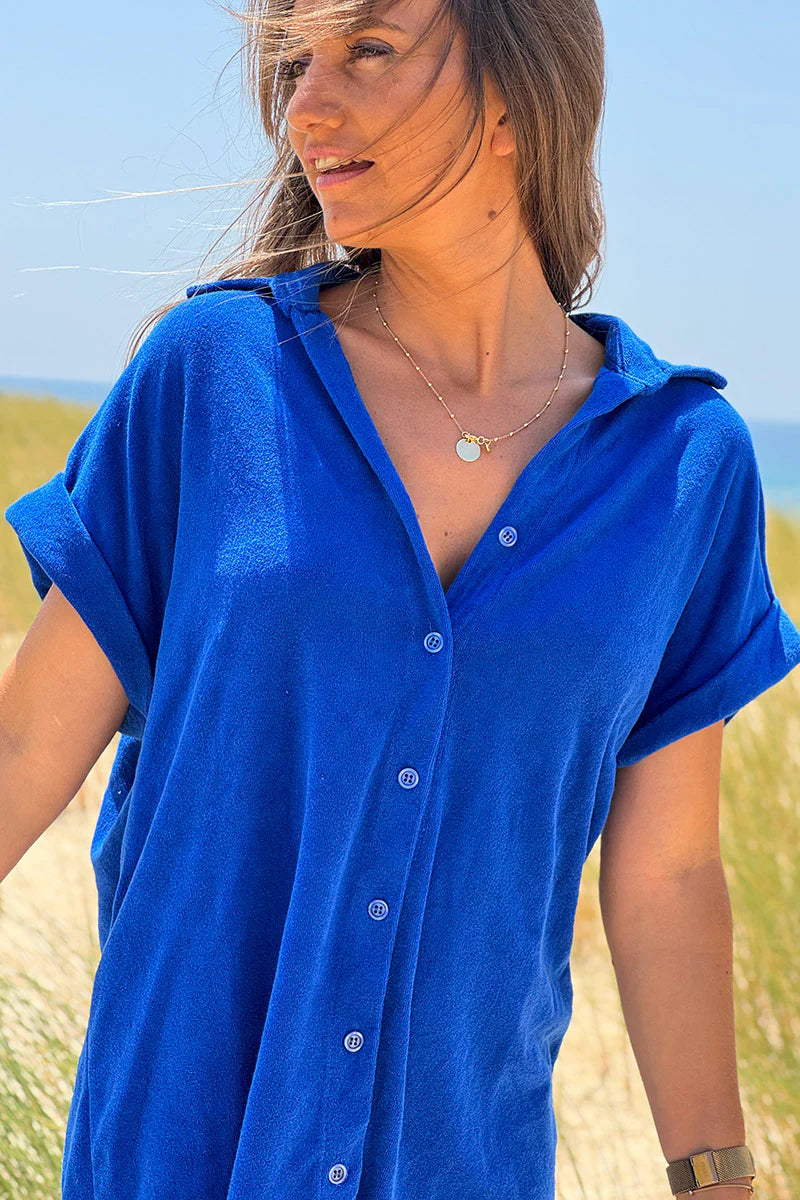Royal blue Terry Cloth Button-Down Shirt Dress