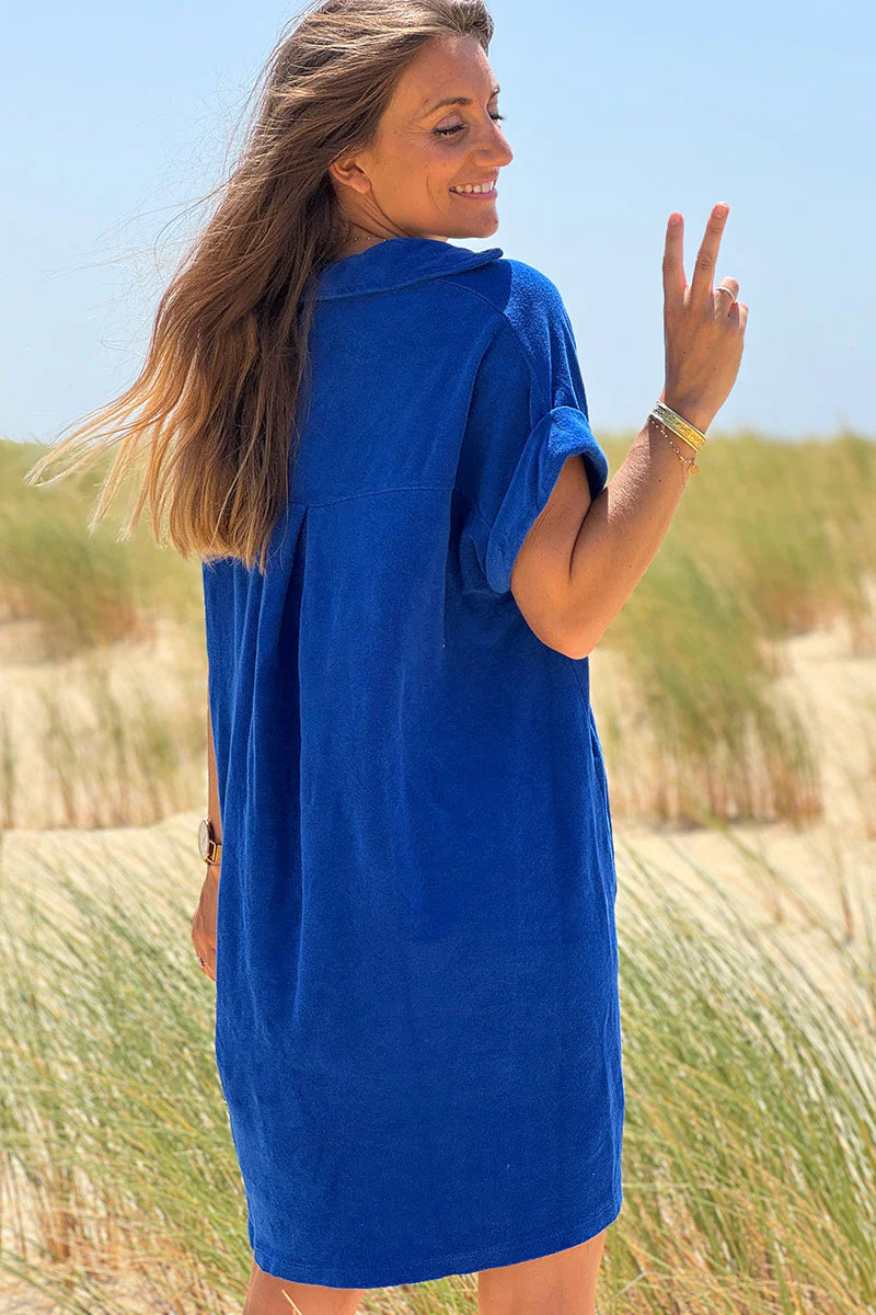 Royal blue Terry Cloth Button-Down Shirt Dress