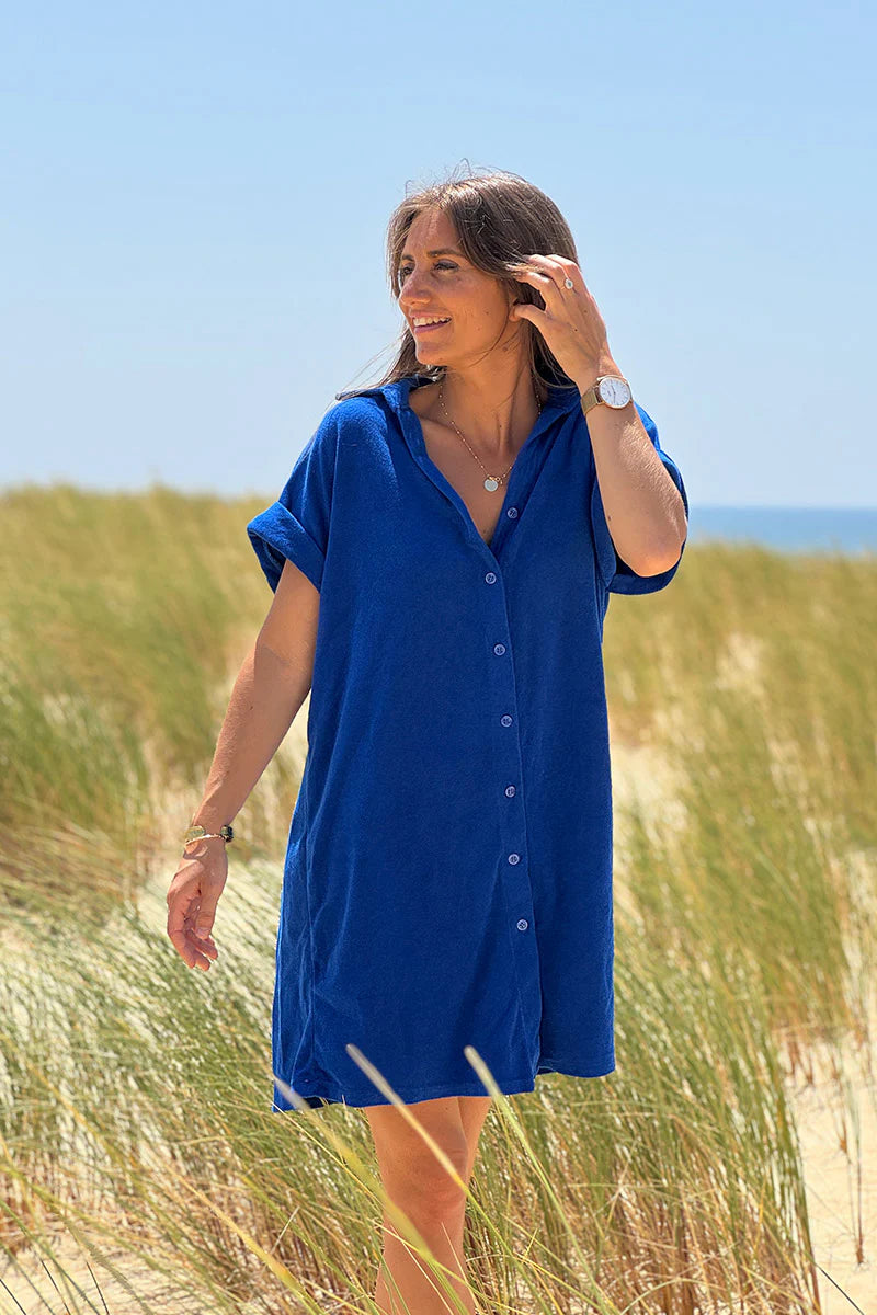 Royal blue Terry Cloth Button-Down Shirt Dress