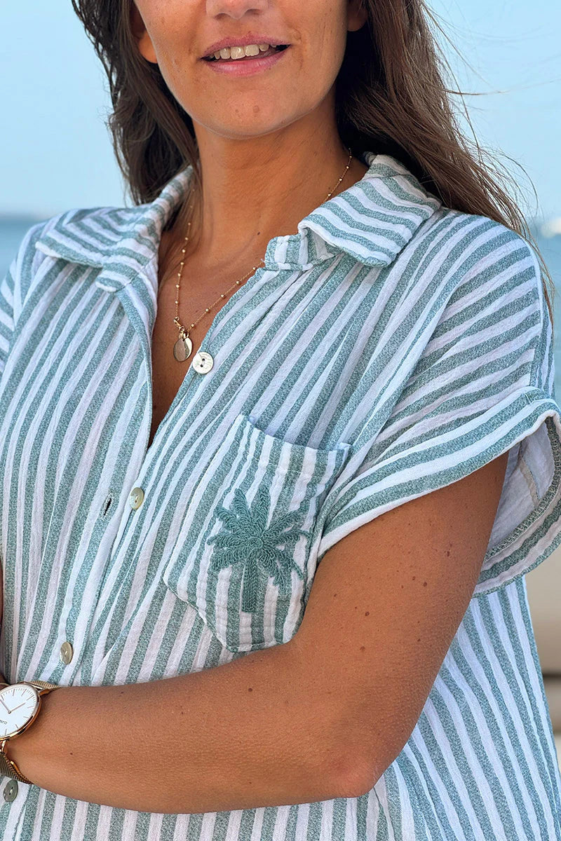 Sage Striped Palm Pocket Cabana Shirt Dress