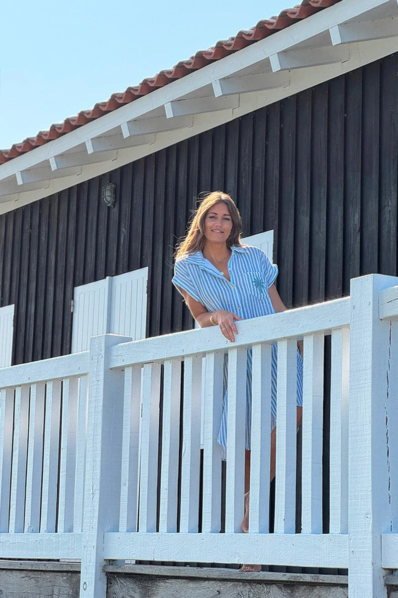 Sage Striped Palm Pocket Cabana Shirt Dress