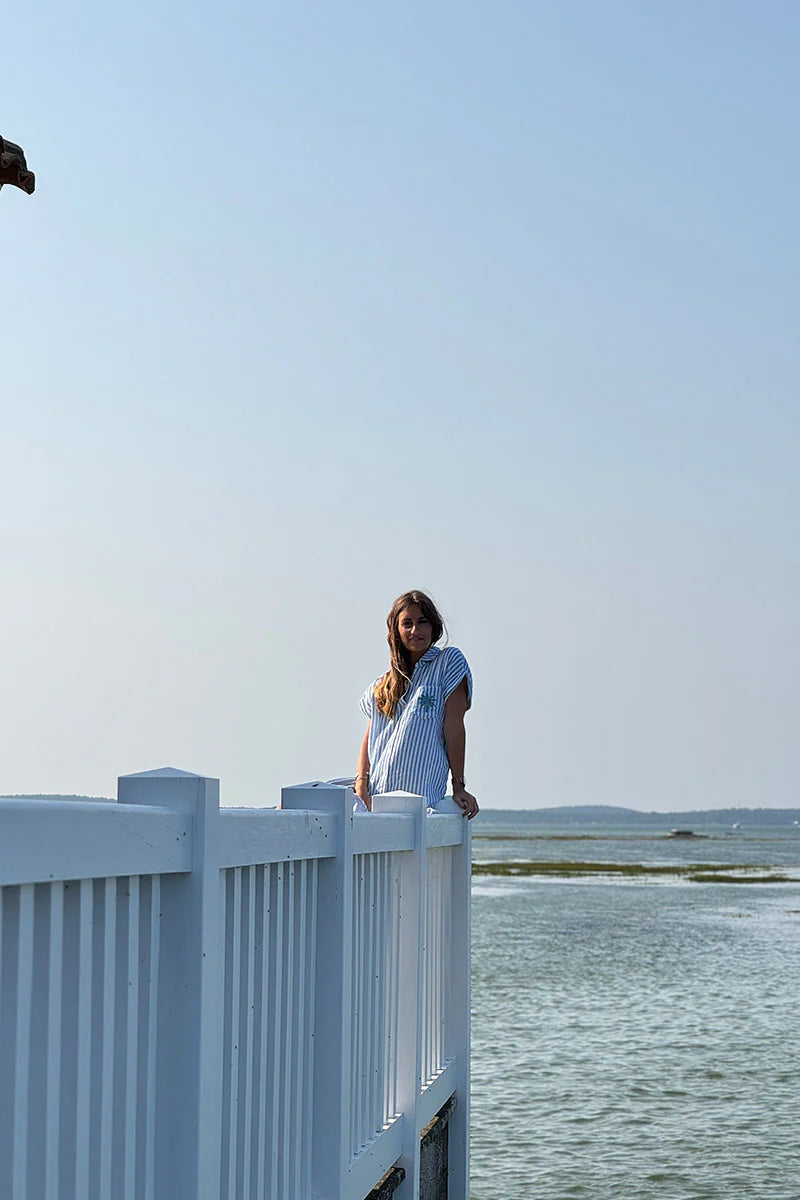 Sage Striped Palm Pocket Cabana Shirt Dress