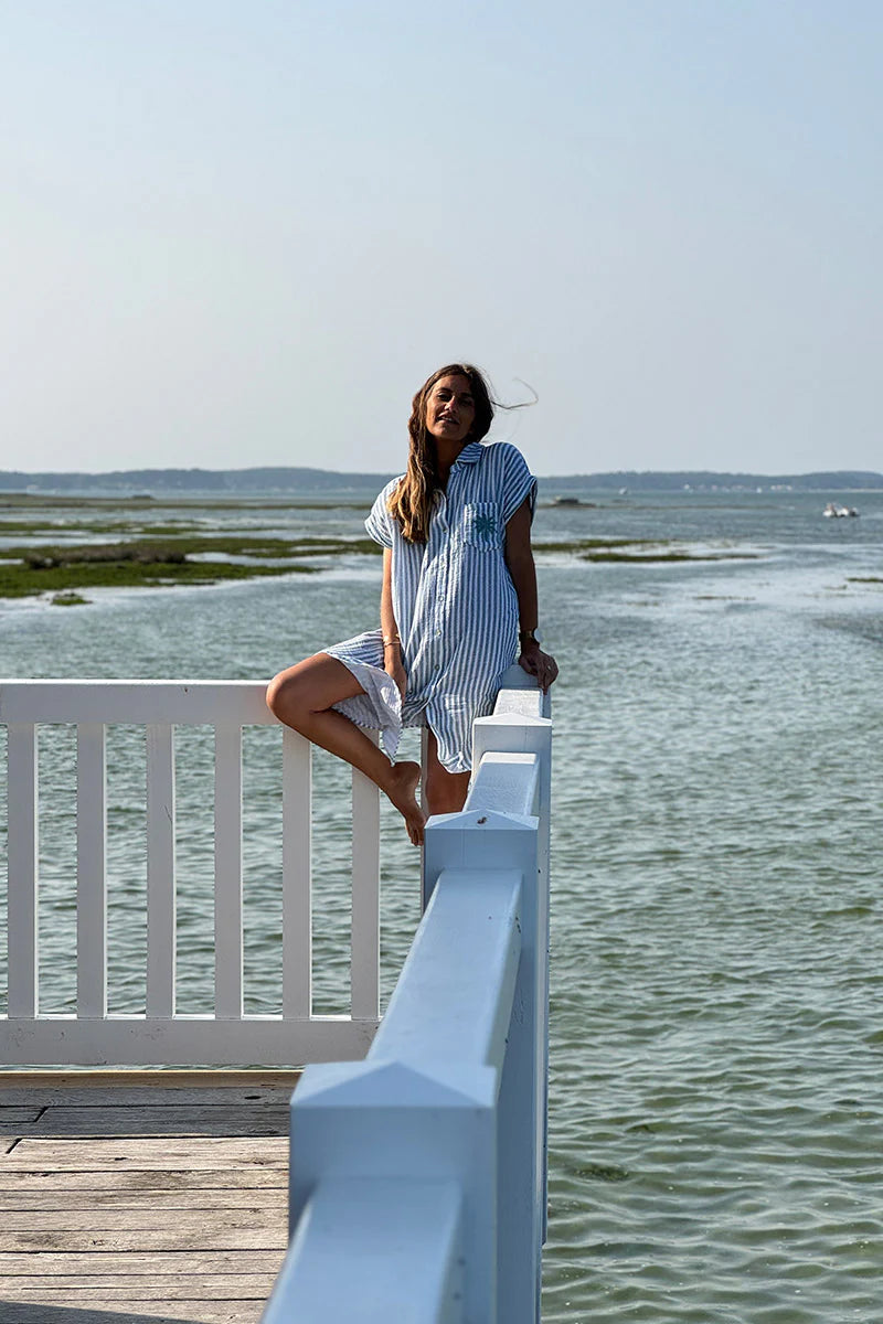 Sage Striped Palm Pocket Cabana Shirt Dress