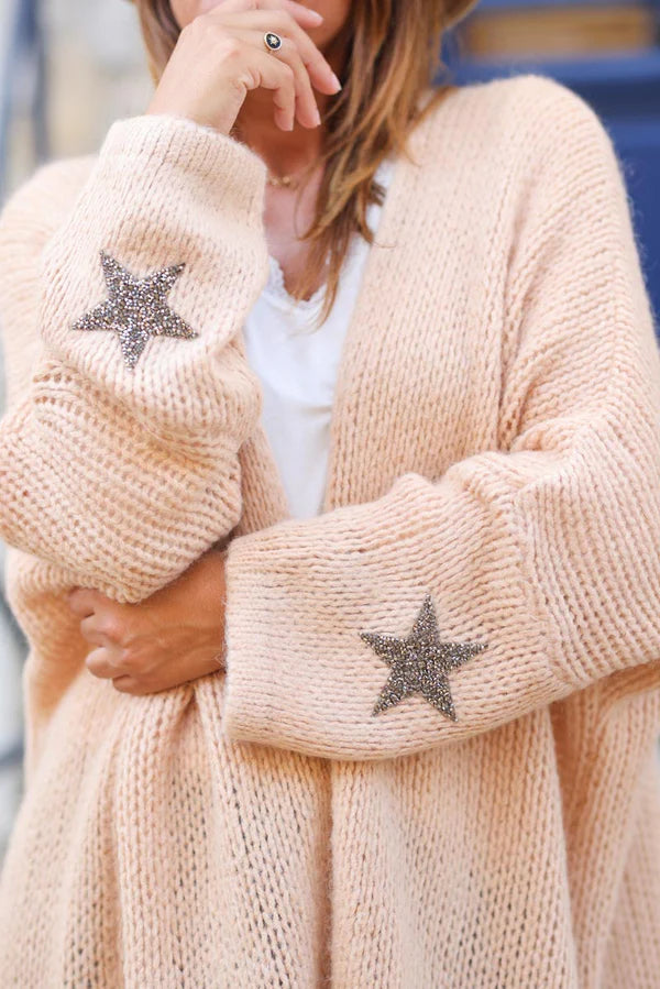 Sand Medium-Long Chunky Knit Cardigan with Rhinestone Star detail