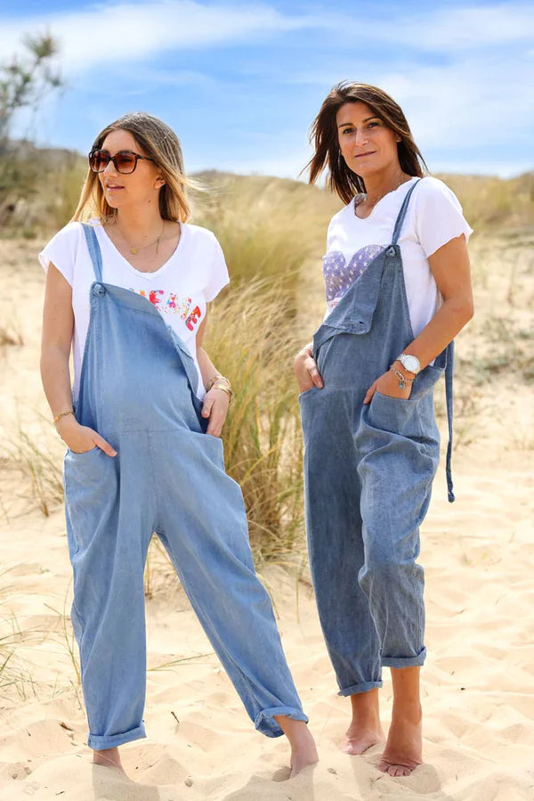 Light Blue Cotton and Linen Flowing Overalls