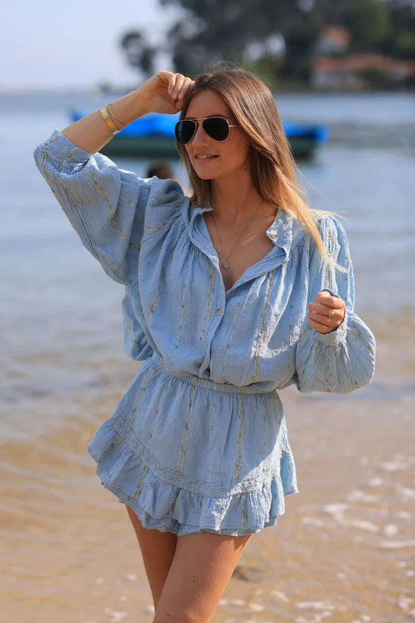 Sky blue layered frill woven cotton skort with metallic and colored threads