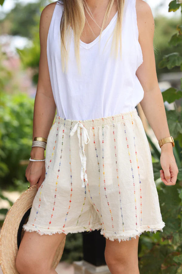 Soft ecru shorts elastic belt and bow stripes embroidered colored threads