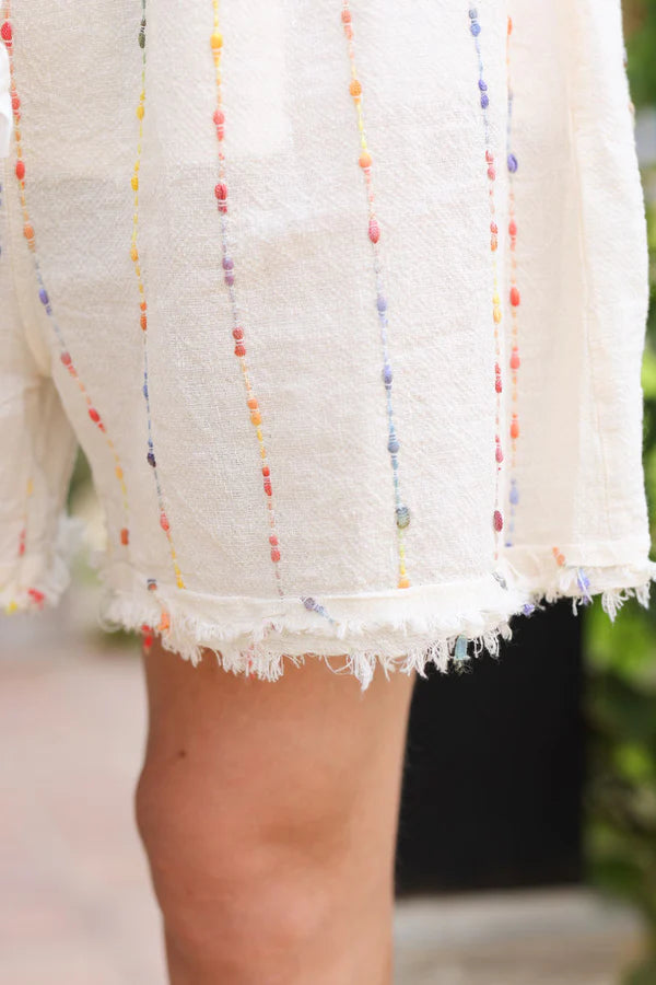 Soft ecru shorts elastic belt and bow stripes embroidered colored threads