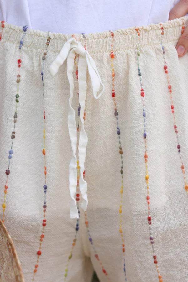 Soft ecru shorts elastic belt and bow stripes embroidered colored threads