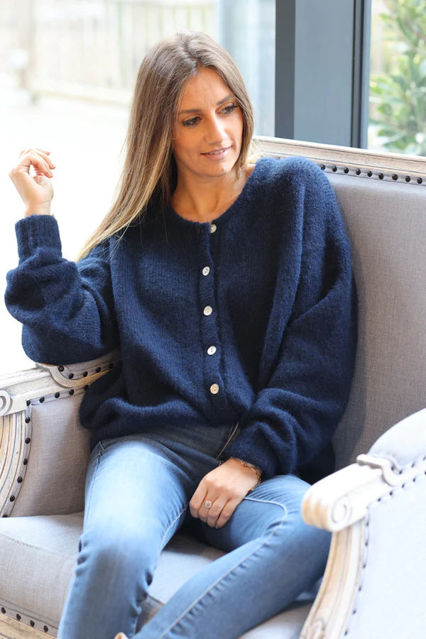 Super Soft Round Neck Cardigan Navy Blue with Mother Of Pearl Buttons Horizons Lointains