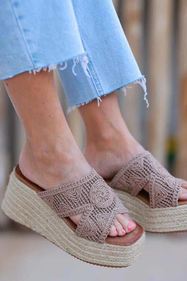 Taupe Crochet Wedge Espadrilles