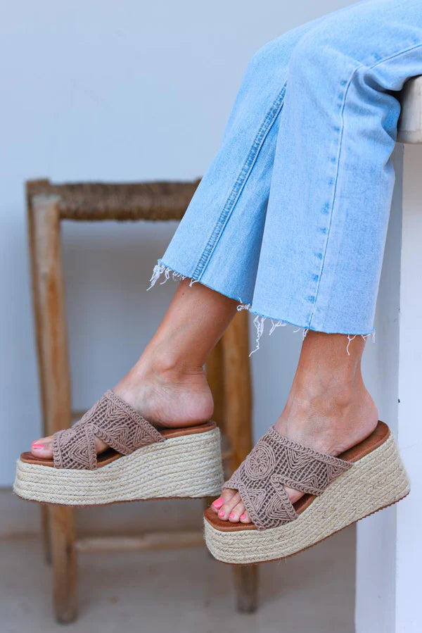 Taupe Crochet Wedge Espadrilles