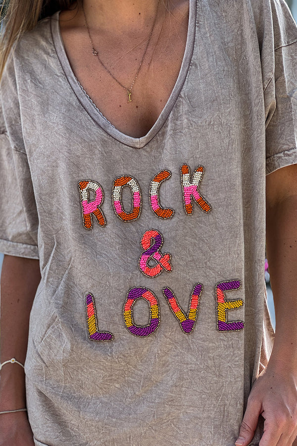 Taupe Rock & Love Beaded Cotton V-Neck Tee