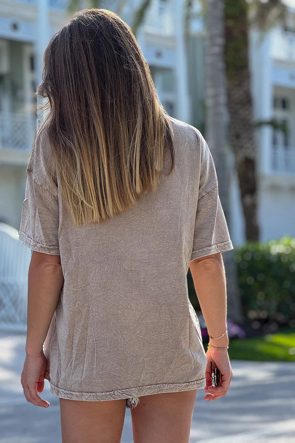 Taupe Rock & Love Beaded Cotton V-Neck Tee