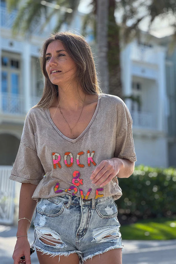 Taupe Rock & Love Beaded Cotton V-Neck Tee