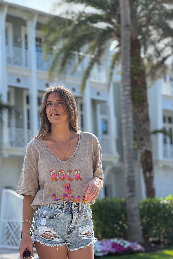 Taupe Rock & Love Beaded Cotton V-Neck Tee