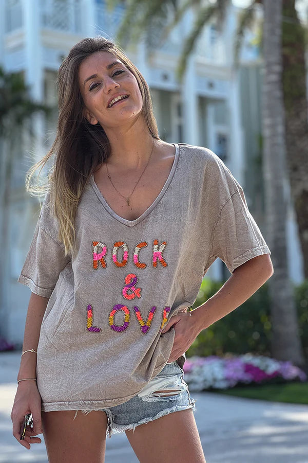 Taupe Rock & Love Beaded Cotton V-Neck Tee